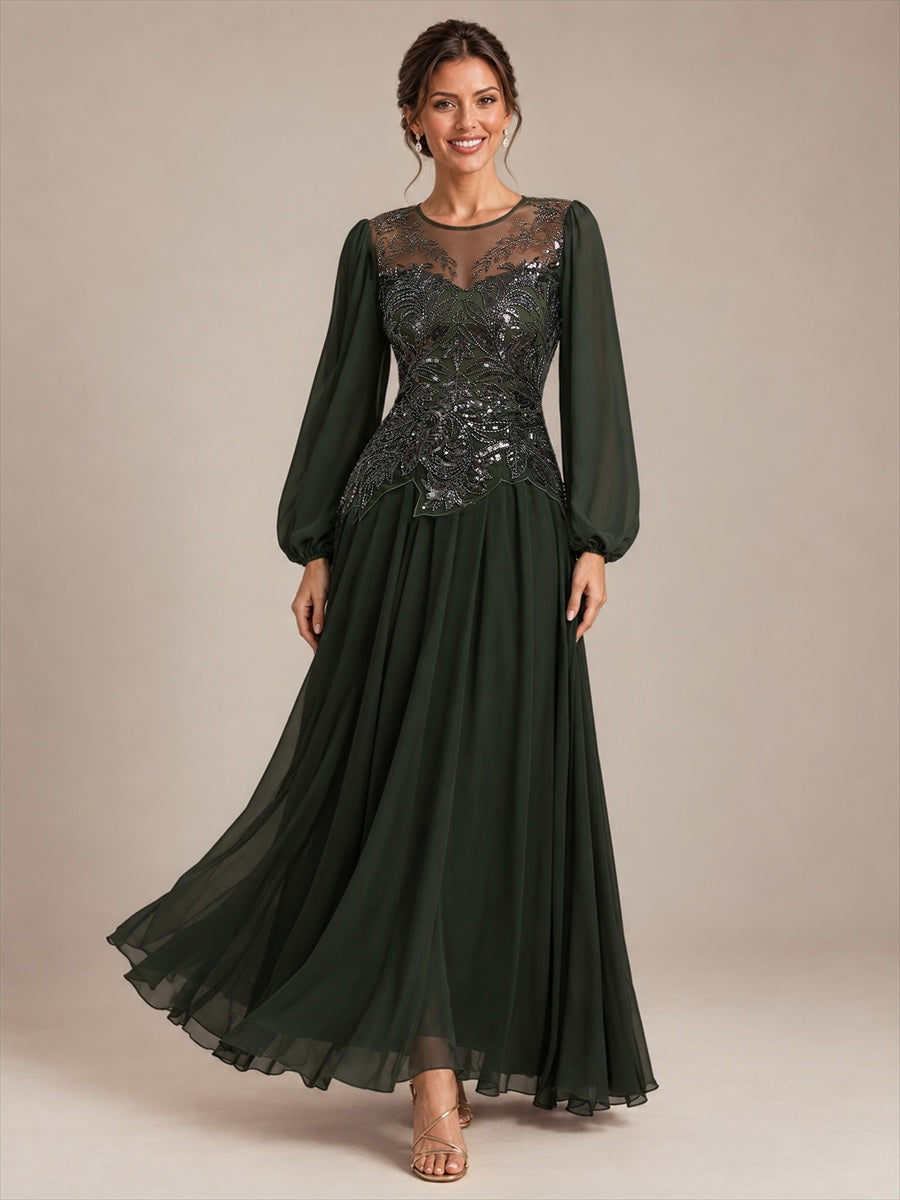 See-through Tulle Puff Sleeve Evening Dress #color_Olive Green