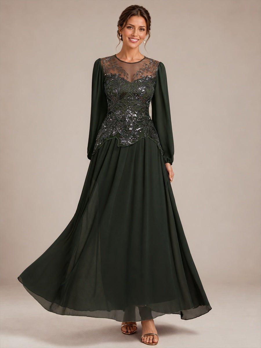 See-through Tulle Puff Sleeve Evening Dress #color_Olive Green