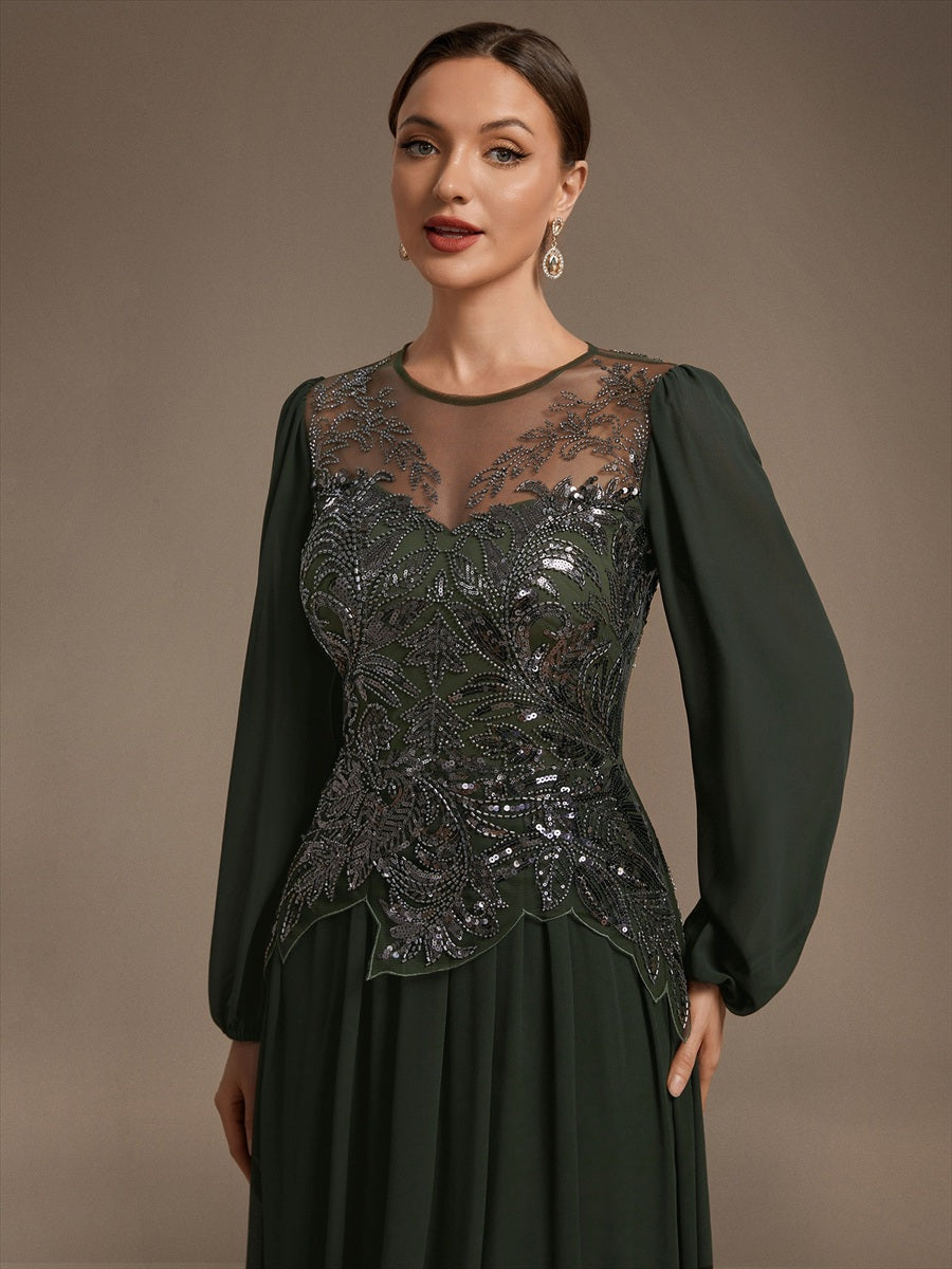 See-through Tulle Puff Sleeve Evening Dress #color_Olive Green