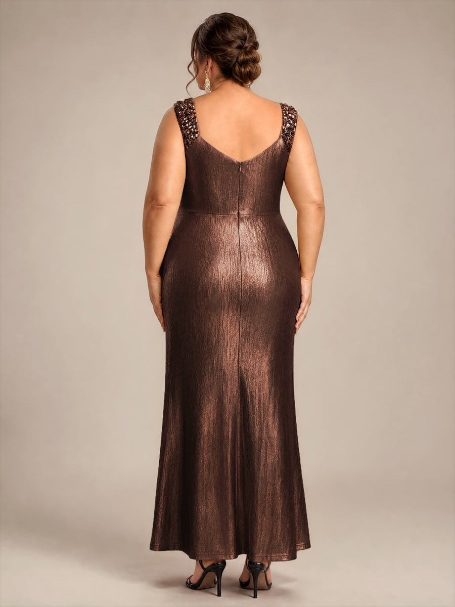 Plus Size Metallic Knit Sleeveless Evening Dress #color_Chocolate Brown