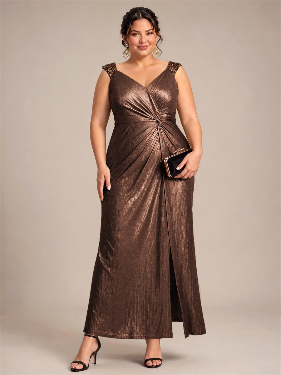 Plus Size Metallic Knit Sleeveless Evening Dress #color_Chocolate Brown