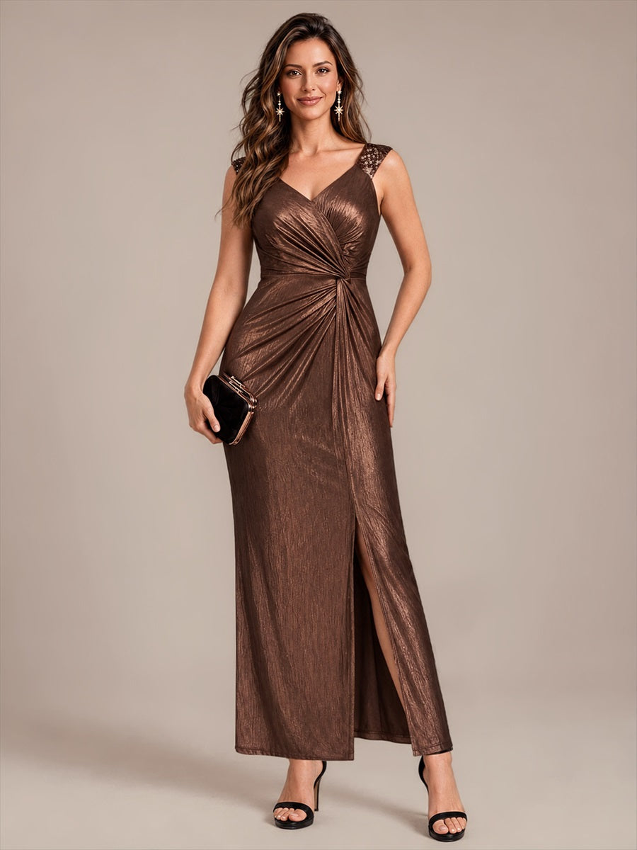 Metallic Knit Sleeveless Bodycon Evening Dress_Chocolate Brown