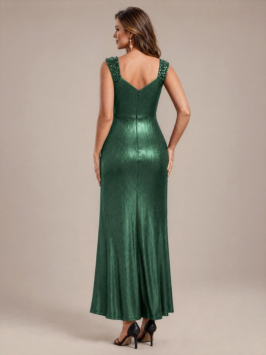 Metallic Knit Sleeveless Bodycon Evening Dress_Dark Green