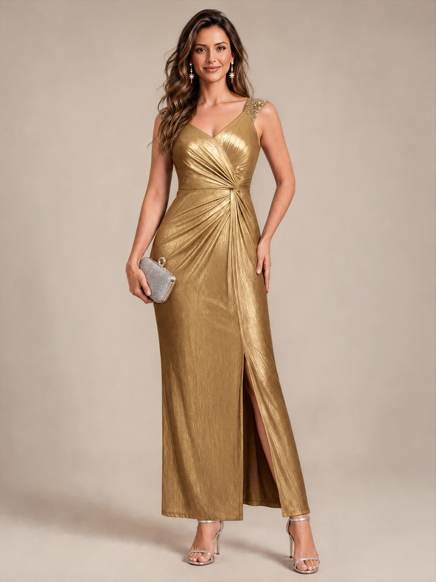 Metallic Knit Sleeveless Bodycon Evening Dress_Gold