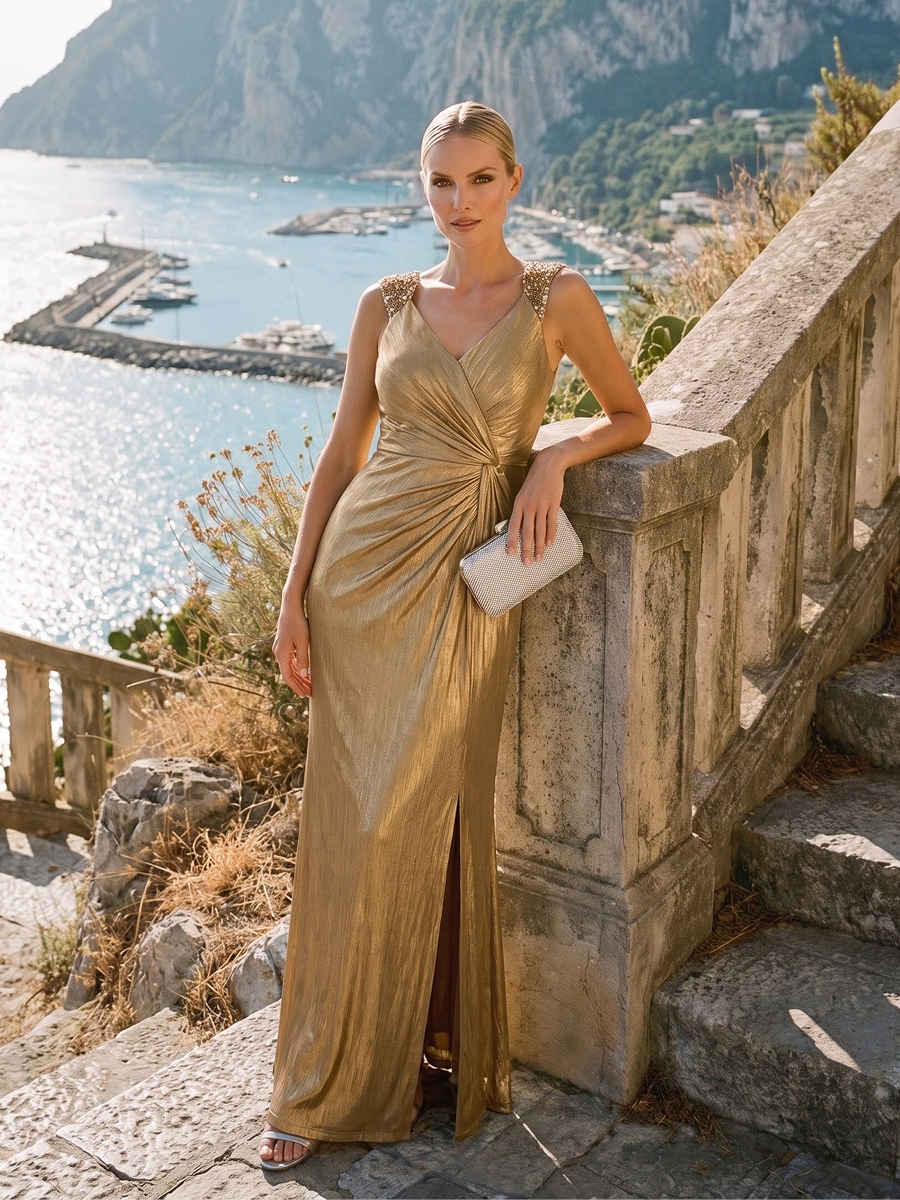 MMetallic Knit Sleeveless Bodycon Evening Dress #color_Gold