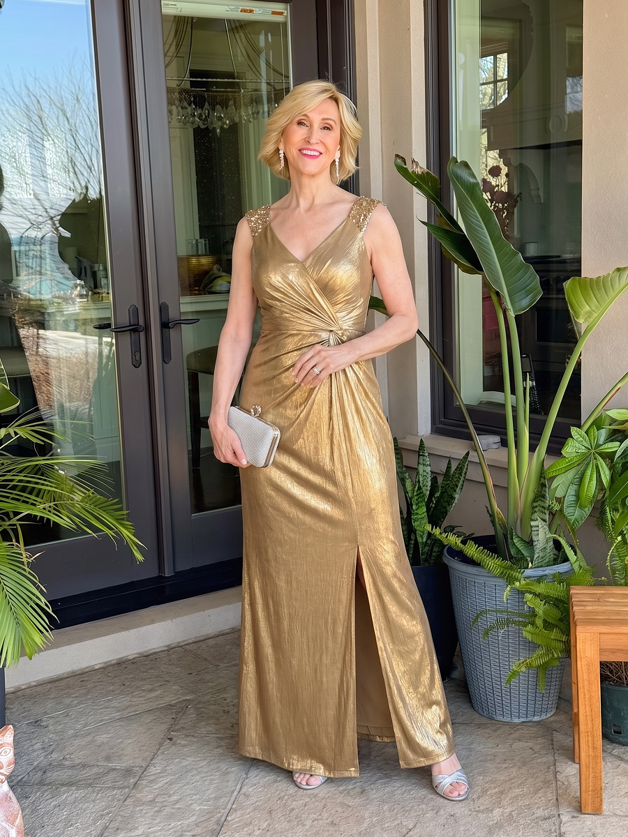 MMetallic Knit Sleeveless Bodycon Evening Dress #color_Gold