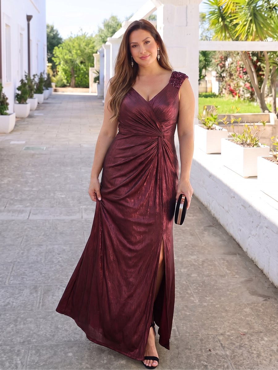 MMetallic Knit Sleeveless Bodycon Evening Dress #color_Mahogany Brown