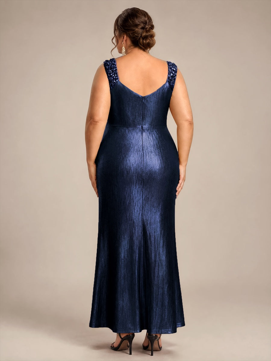 Plus Size Metallic Knit Sleeveless Evening Dress #color_Navy Blue