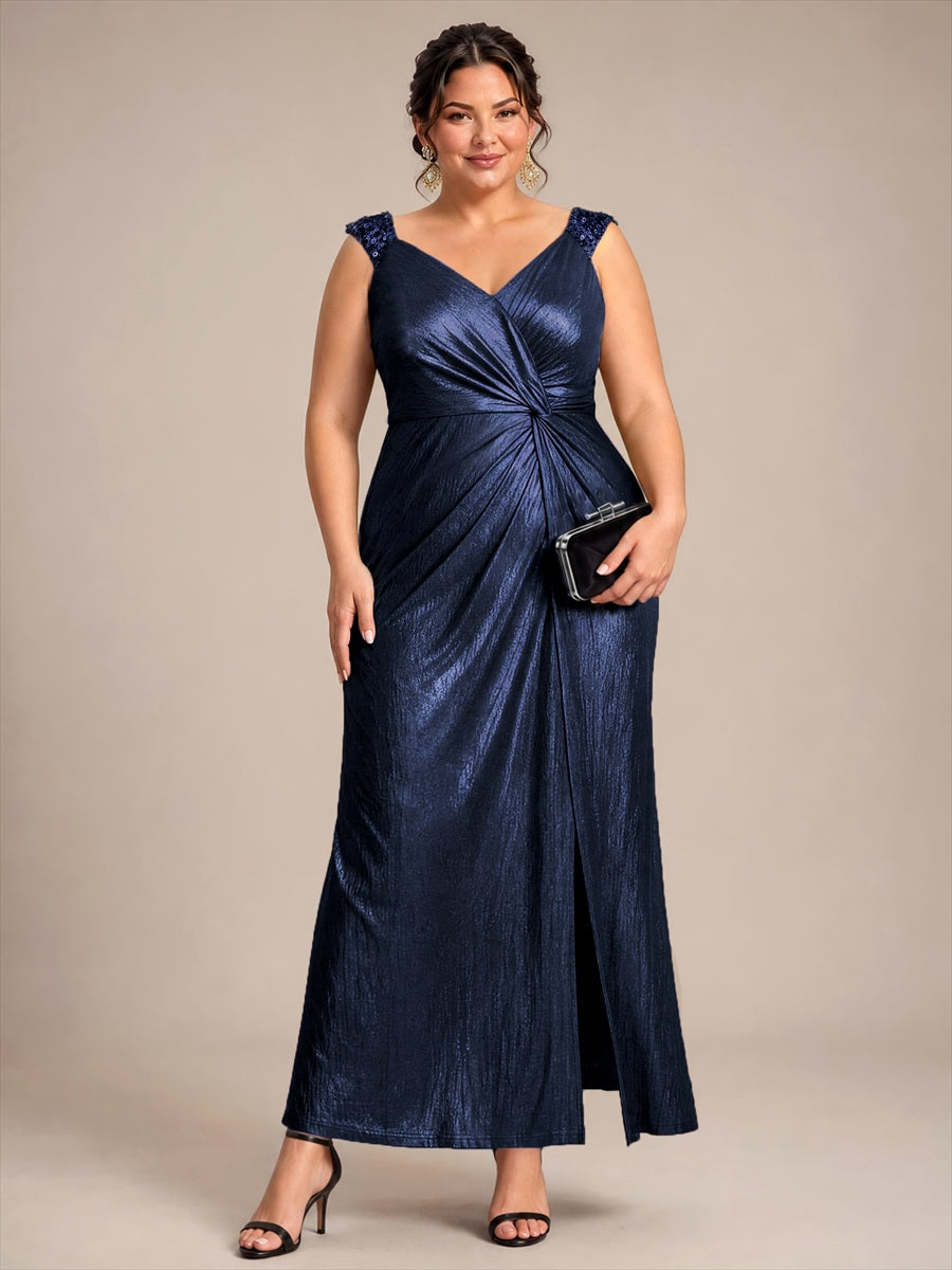 Plus Size Metallic Knit Sleeveless Evening Dress #color_Navy Blue