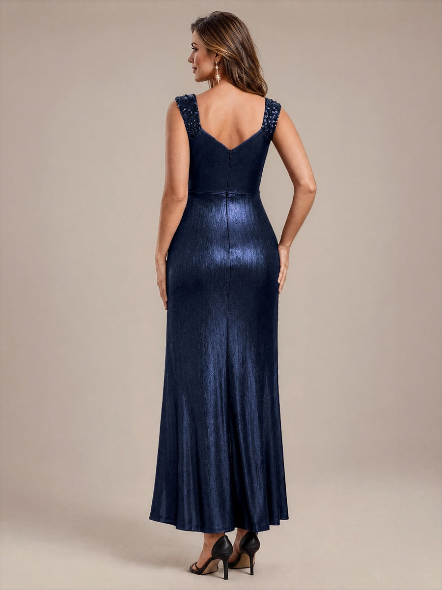 Metallic Knit Sleeveless Bodycon Evening Dress_Navy Blue
