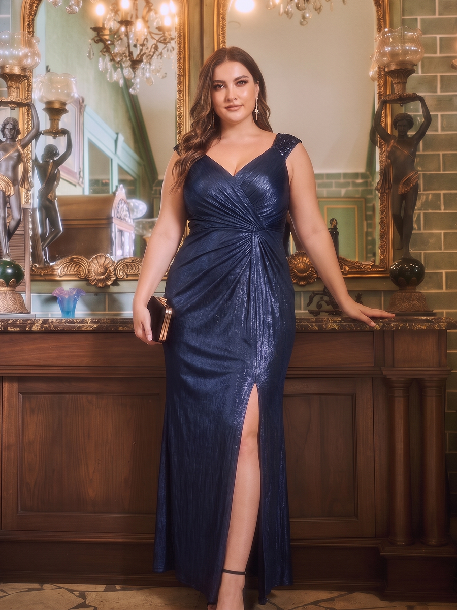 Metallic Knit Sleeveless Bodycon Evening Dress #color_Navy Blue