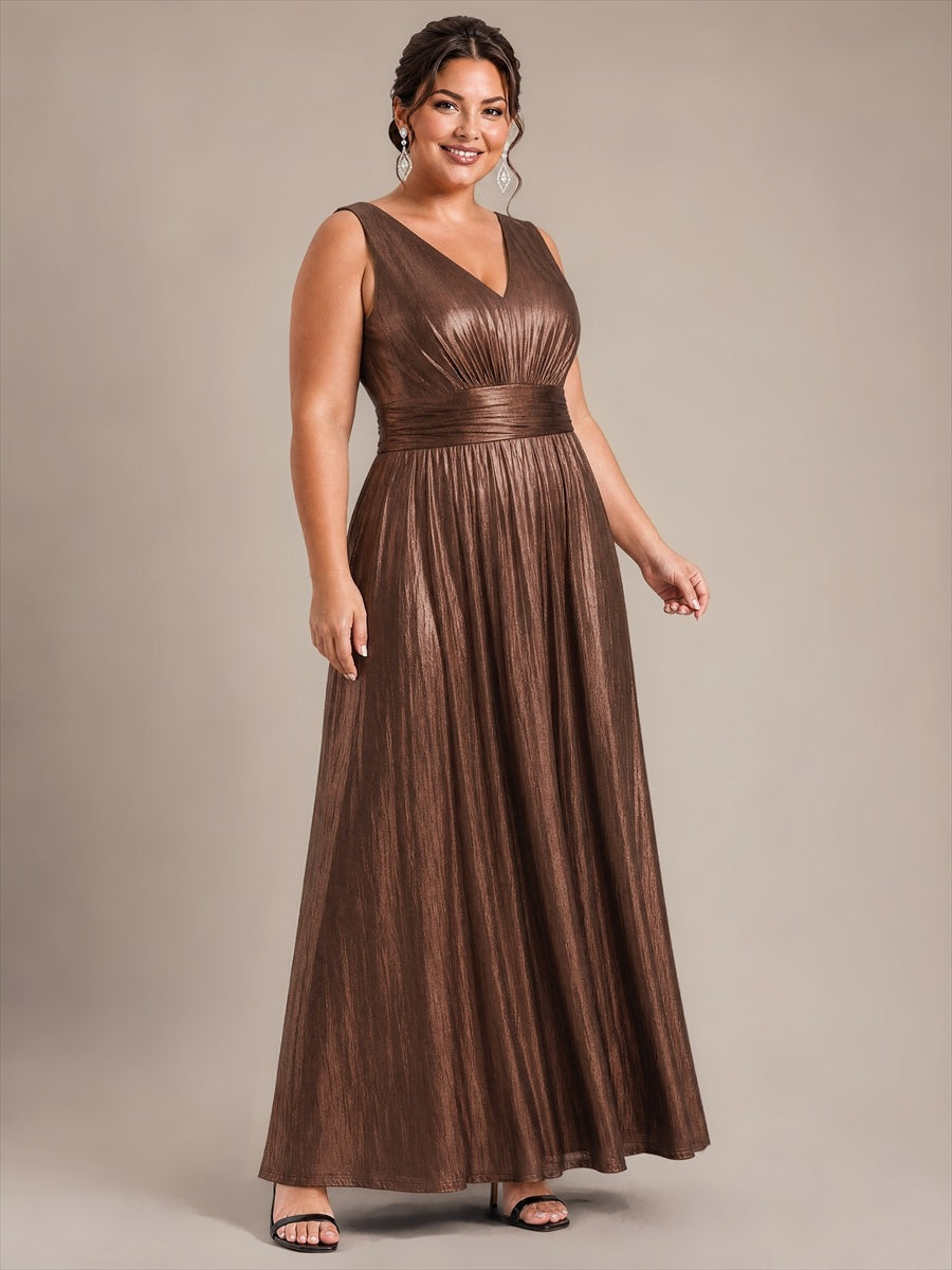 Plus Size Metallic Knit A-Line Evening Dress #color_Chocolate Brown