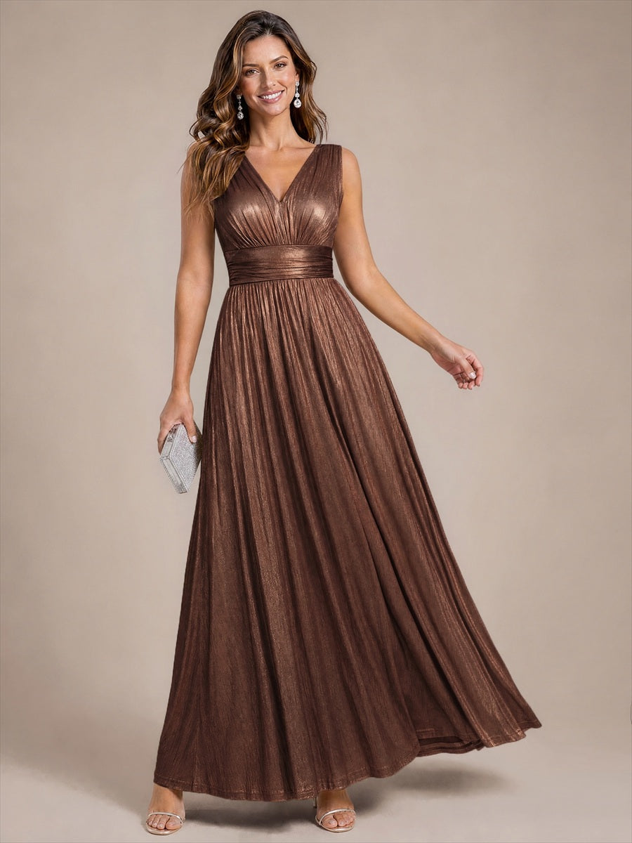 Metallic Knit Sleeveless A-Line Evening Dress #color_Chocolate Brown