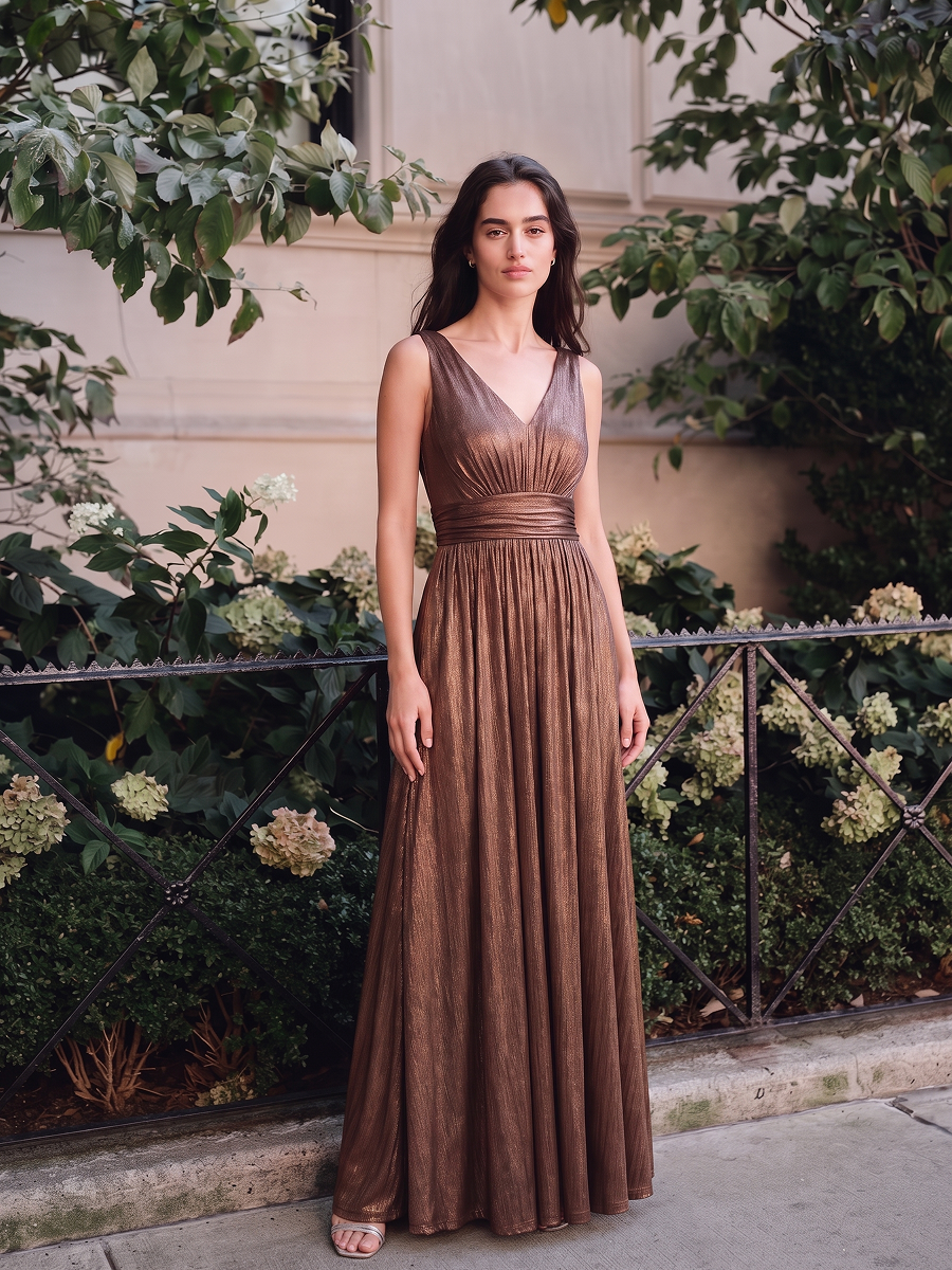 Metallic Knit Sleeveless A-Line Evening Dress #color_Chocolate Brown