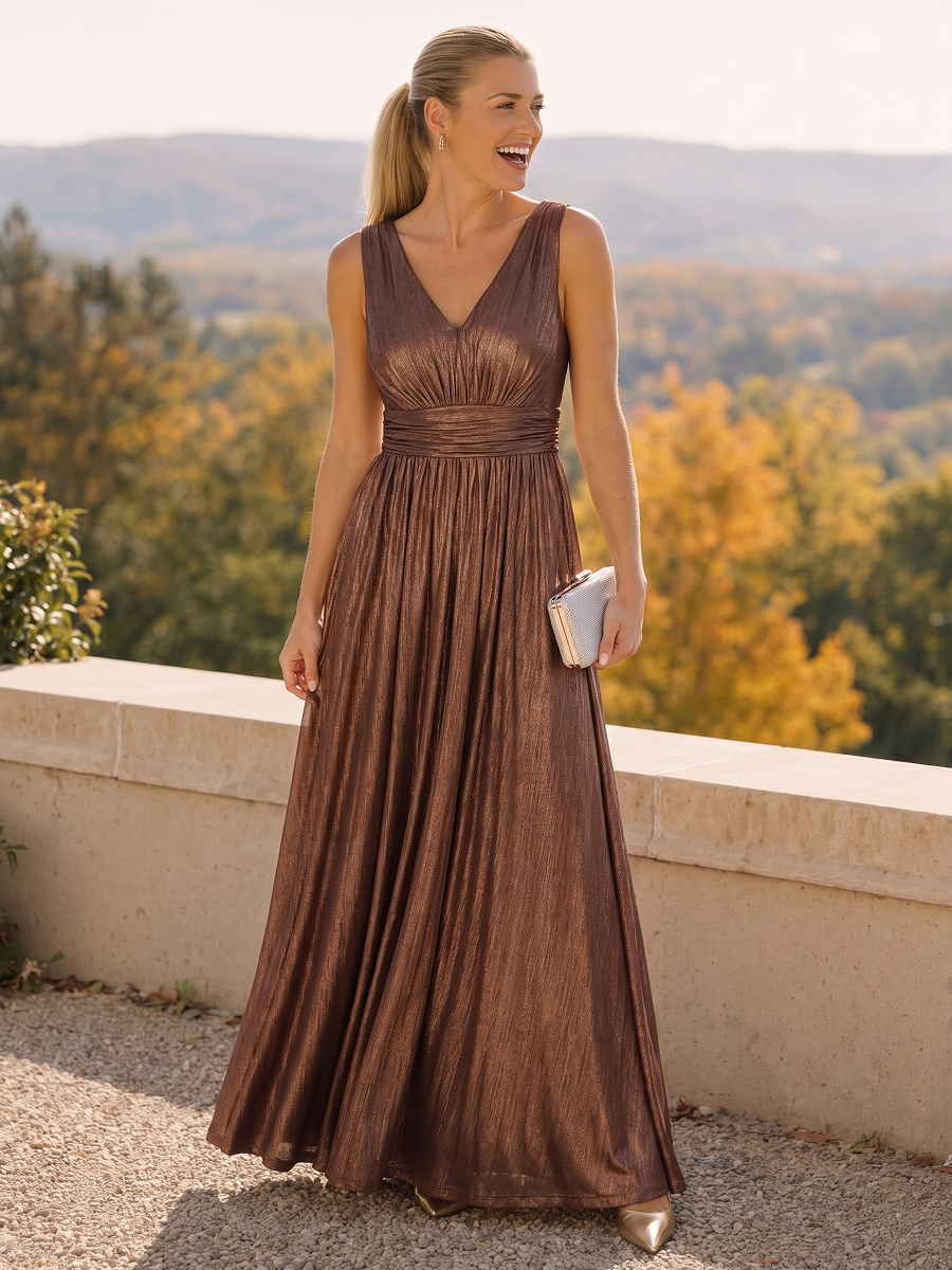 Metallic Knit Sleeveless A-Line Evening Dress #color_Chocolate Brown