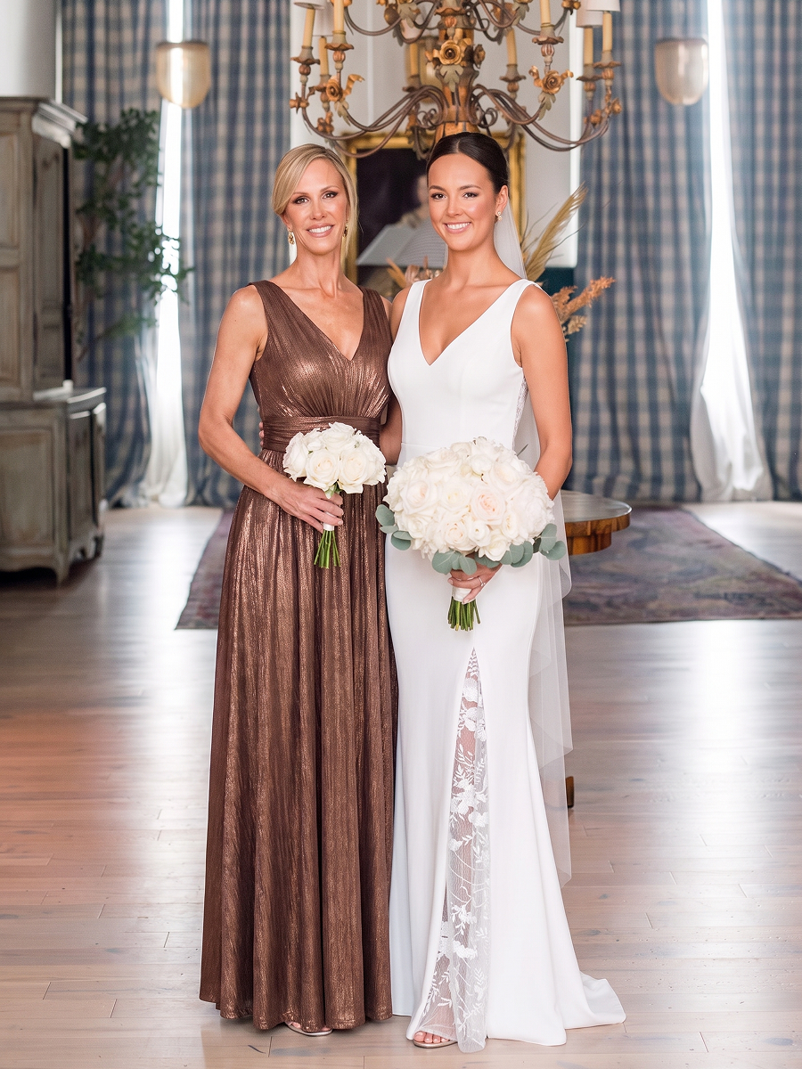 Metallic Knit Sleeveless A-Line Evening Dress #color_Chocolate Brown