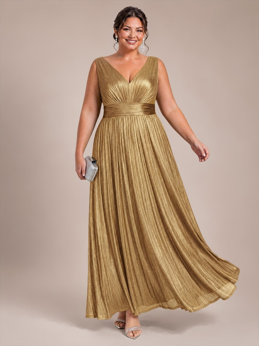 Metallic Knit Sleeveless A-Line Evening Dress #color_Gold