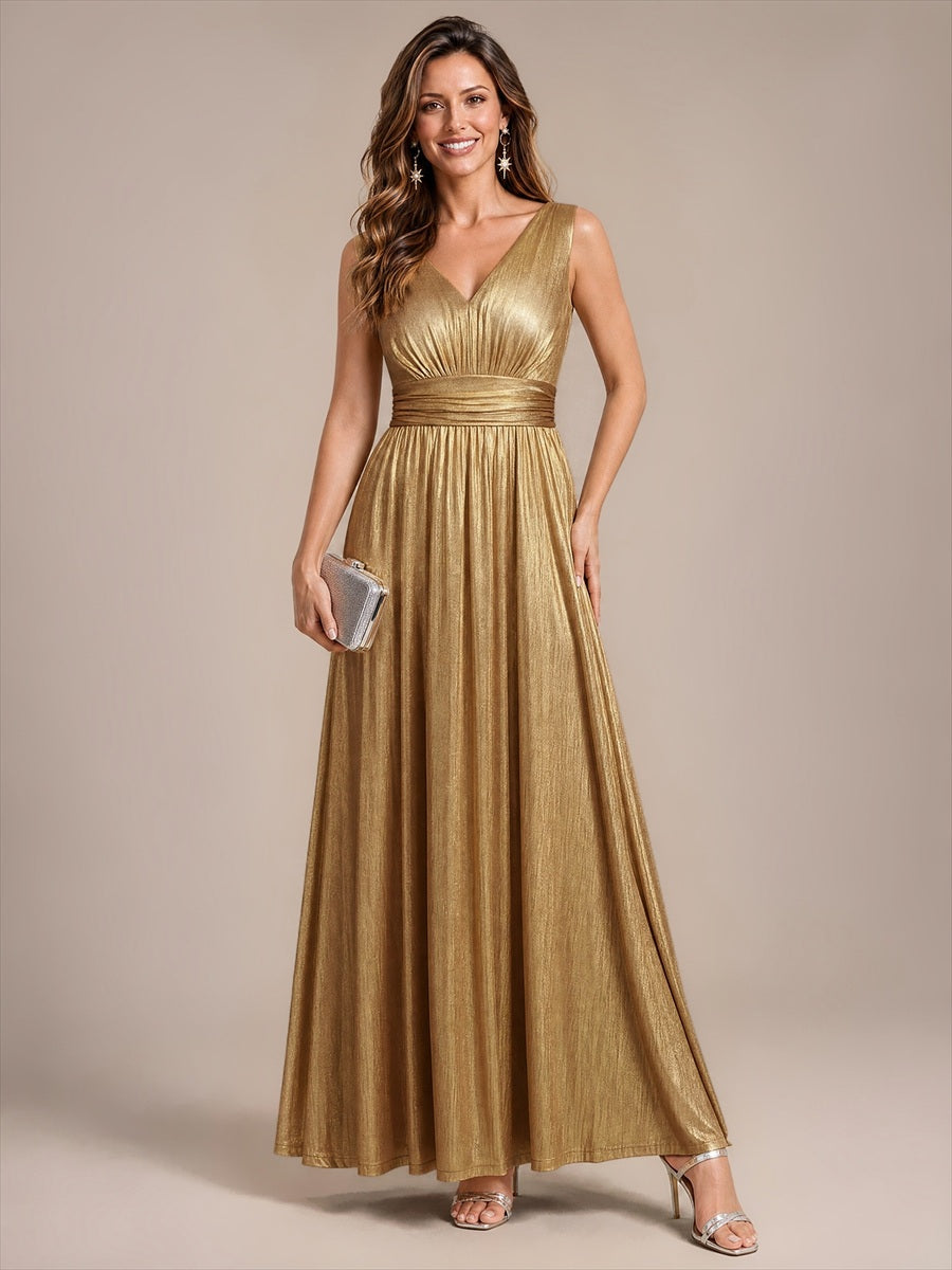 Metallic Knit Sleeveless A-Line Evening Dress #color_Gold