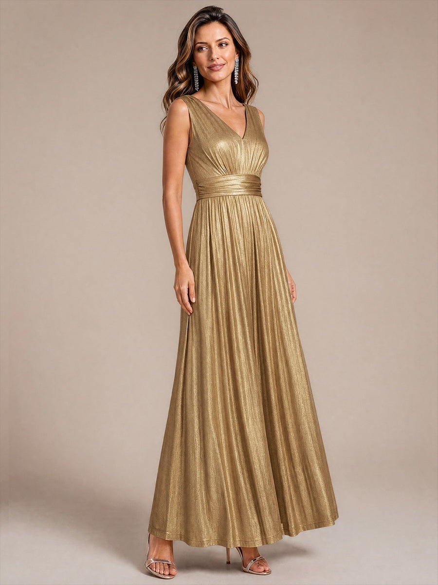 Metallic Knit Sleeveless A-Line Evening Dress #color_Gold