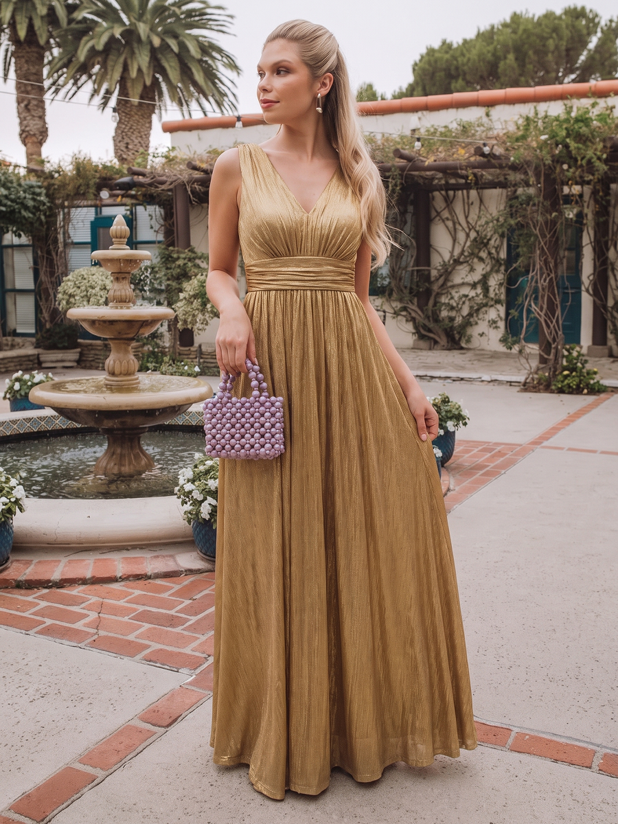 Metallic Knit Sleeveless A-Line Evening Dress #color_Gold