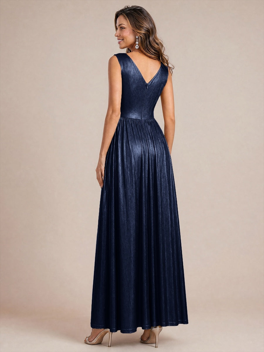 Metallic Knit Sleeveless A-Line Evening Dress #color_Navy Blue