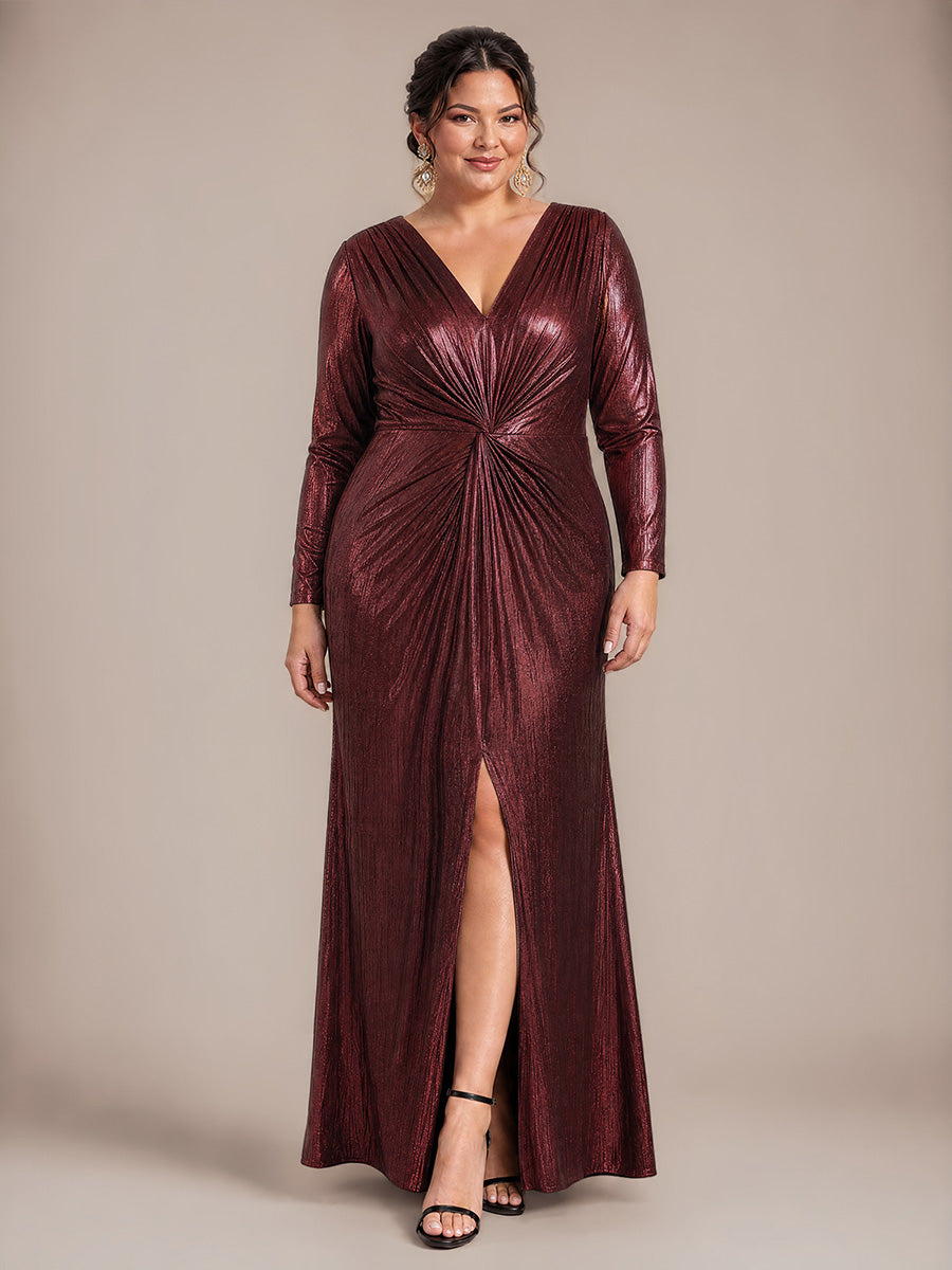 Plus Size Slit Knit Evening Dress #color_Mahogany Brown