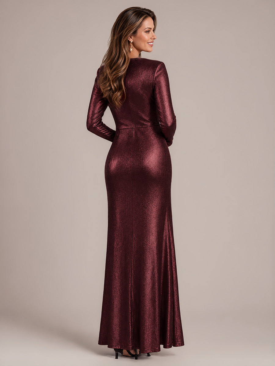 Knot Detail Knit Fitted Sleeve Evening Dress #color_Mahogany Brown
