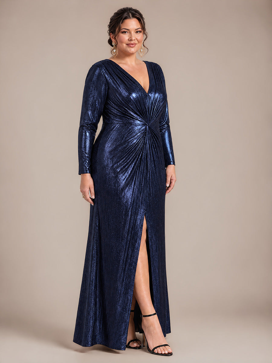 Plus Size Slit Knit Evening Dress #color_Navy Blue