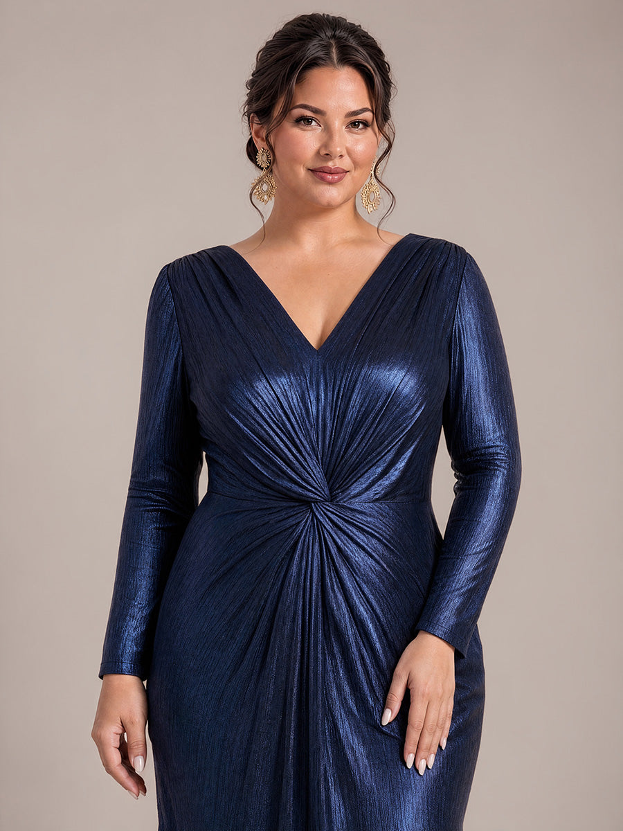 Knot Detail Knit Fitted Sleeve Evening Dress #color_Navy Blue