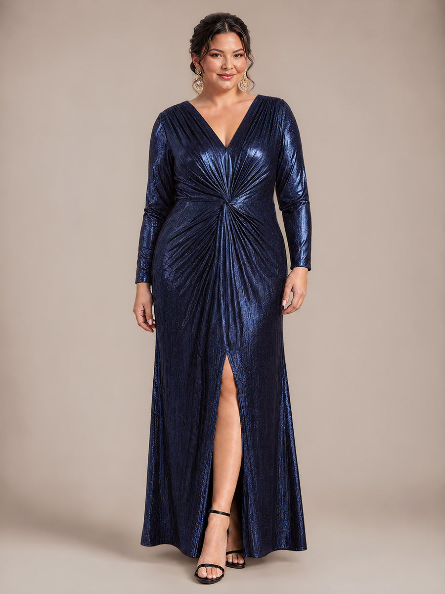 Plus Size Slit Knit Evening Dress #color_Navy Blue