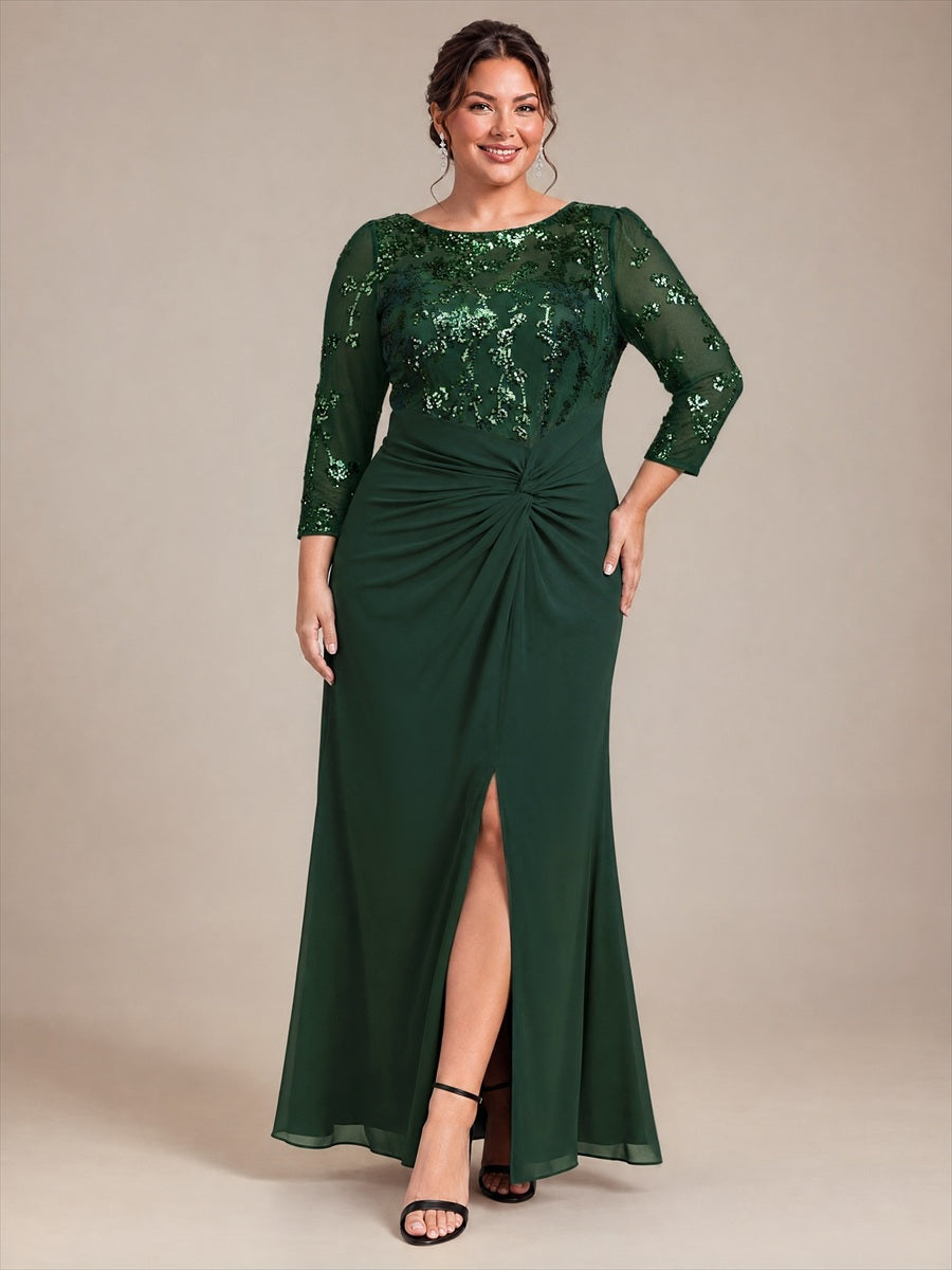 Knot Detail Sequins Fitted Sleeve Evening Dress #color_Dark Forest Green