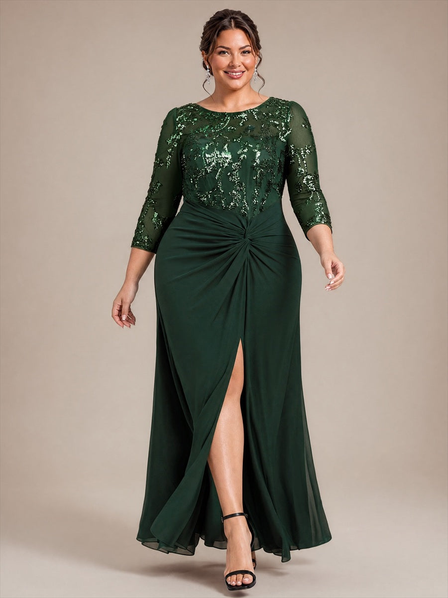 Plus Size Knot Detail Sequins Evening Dress #color_Dark Forest Green