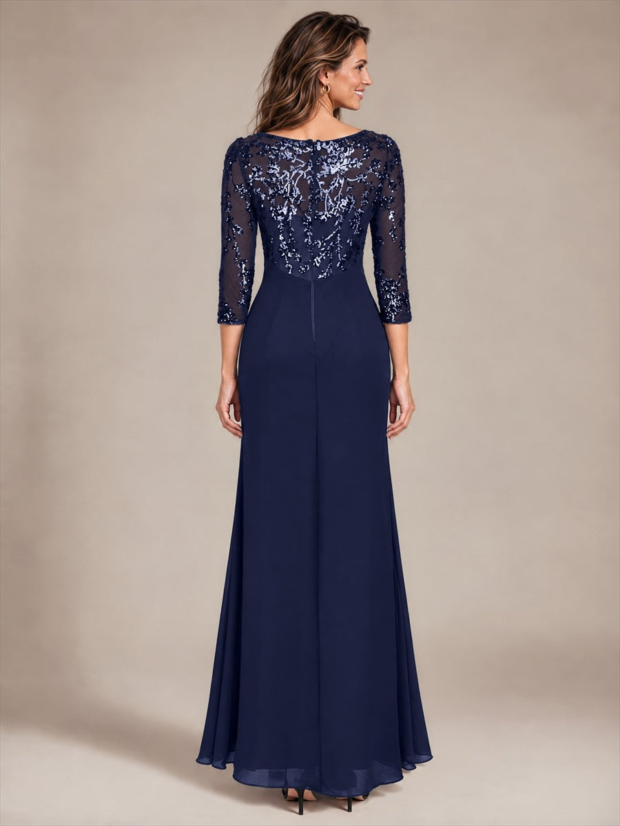 Knot Detail Sequins Fitted Sleeve Evening Dress #color_Navy Blue