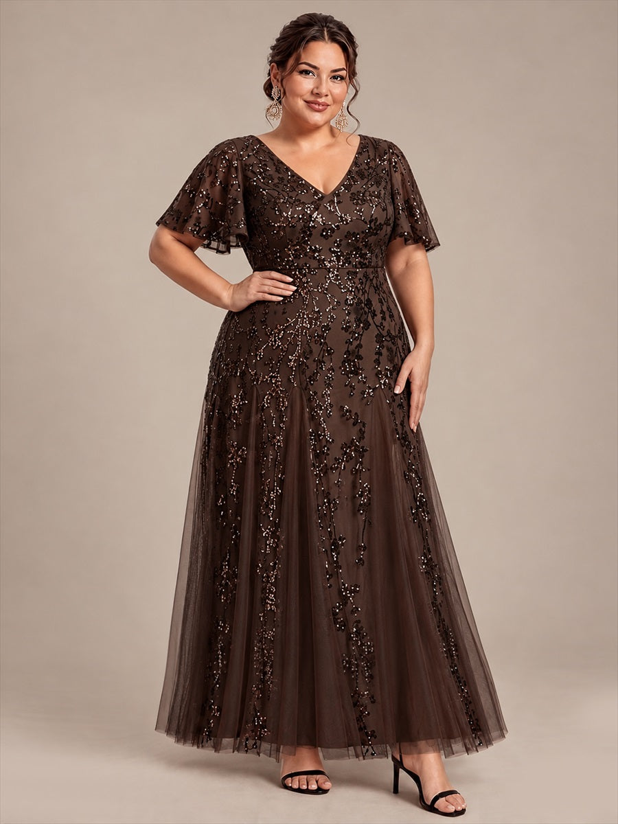 Plus Size Tiered Tulle Sequins Evening Dress #color_Chocolate Brown