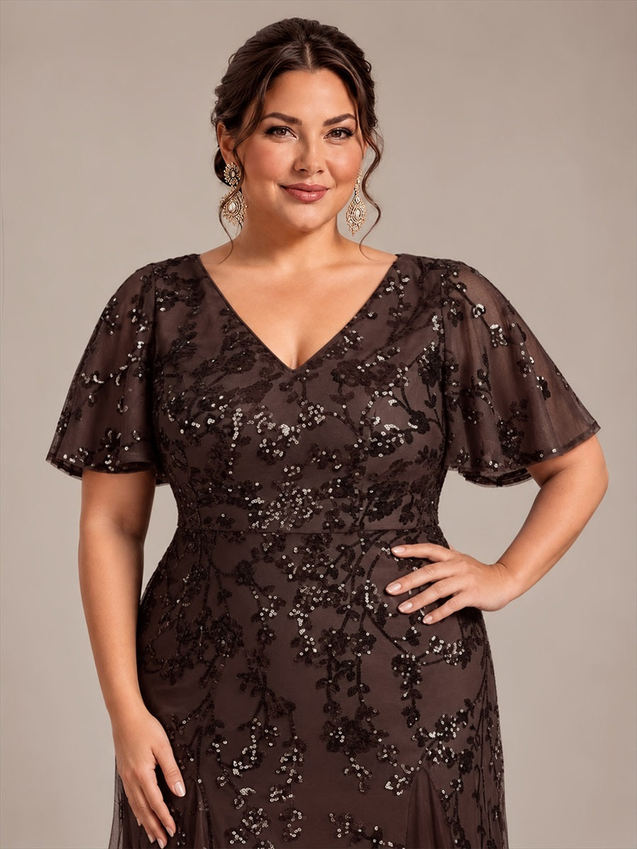 Plus Size Tiered Tulle Sequins Evening Dress #color_Chocolate Brown