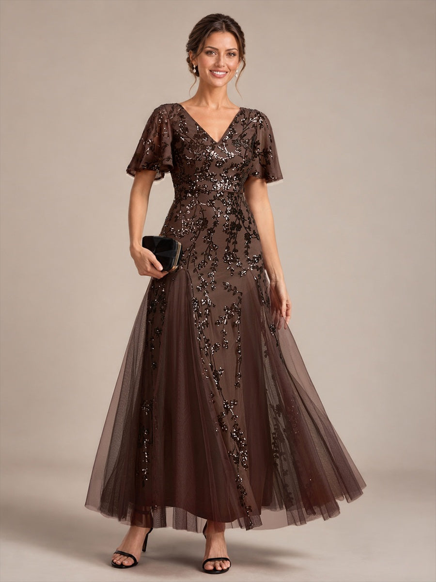 Tiered Tulle Sequins Ruffle Sleeve Evening Dress #color_Chocolate Brown