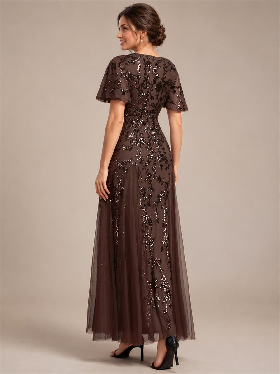 Tiered Tulle Sequins Ruffle Sleeve Evening Dress #color_Chocolate Brown