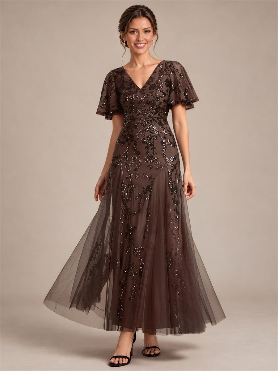 Tiered Tulle Sequins Ruffle Sleeve Evening Dress #color_Chocolate Brown