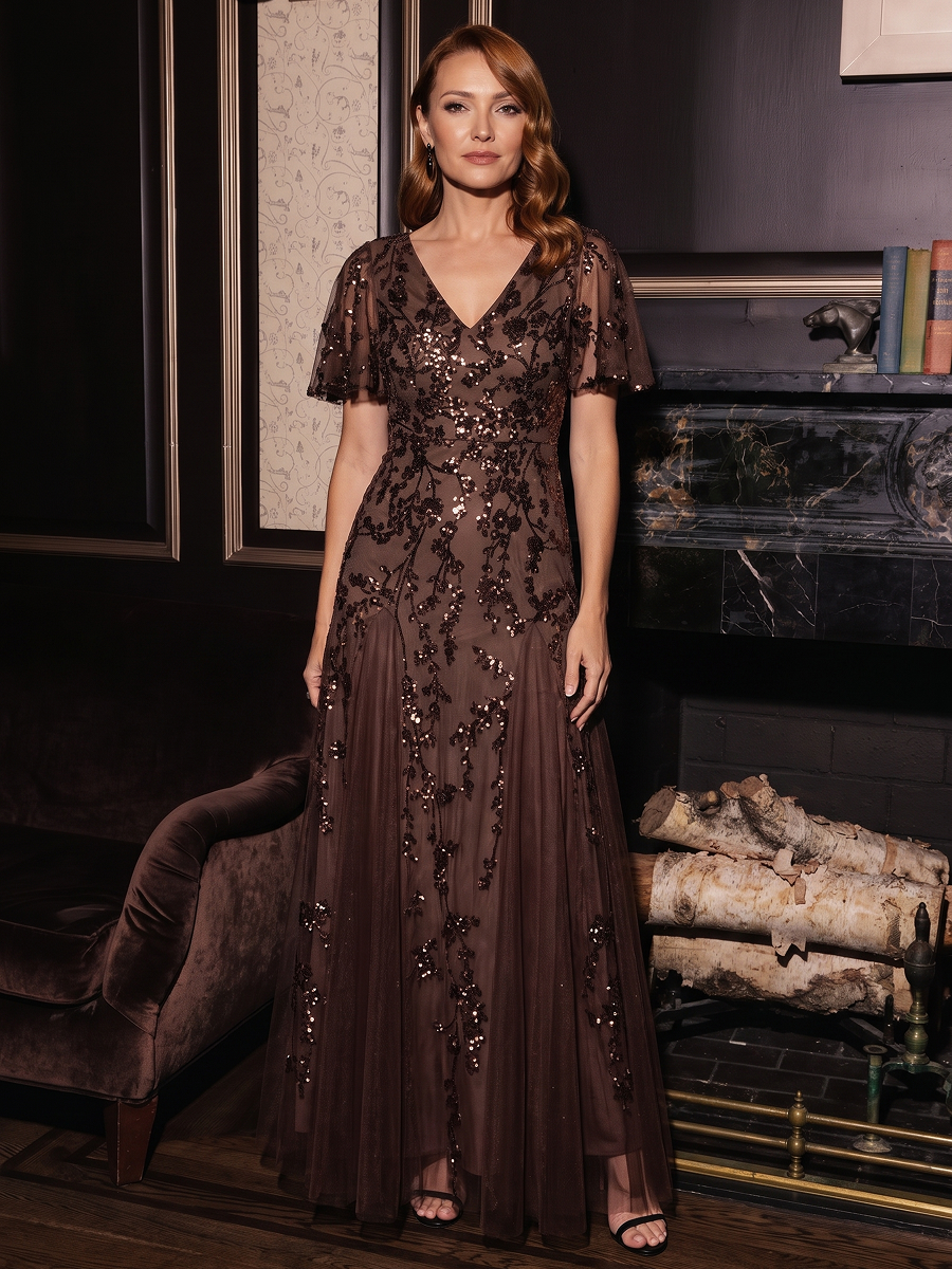 Tiered Tulle Sequins Ruffle Sleeve Evening Dress #color_Chocolate Brown