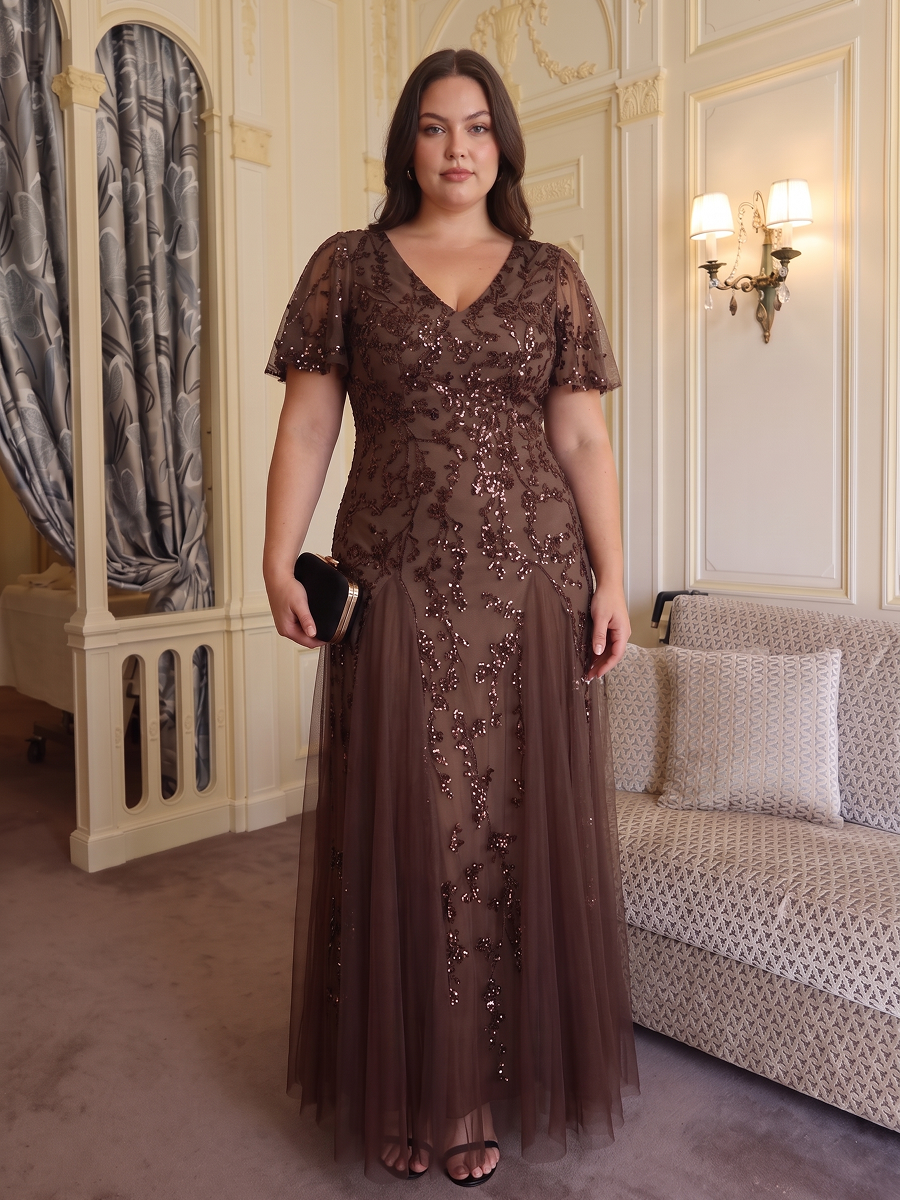 Tiered Tulle Sequins Ruffle Sleeve Evening Dress #color_Chocolate Brown