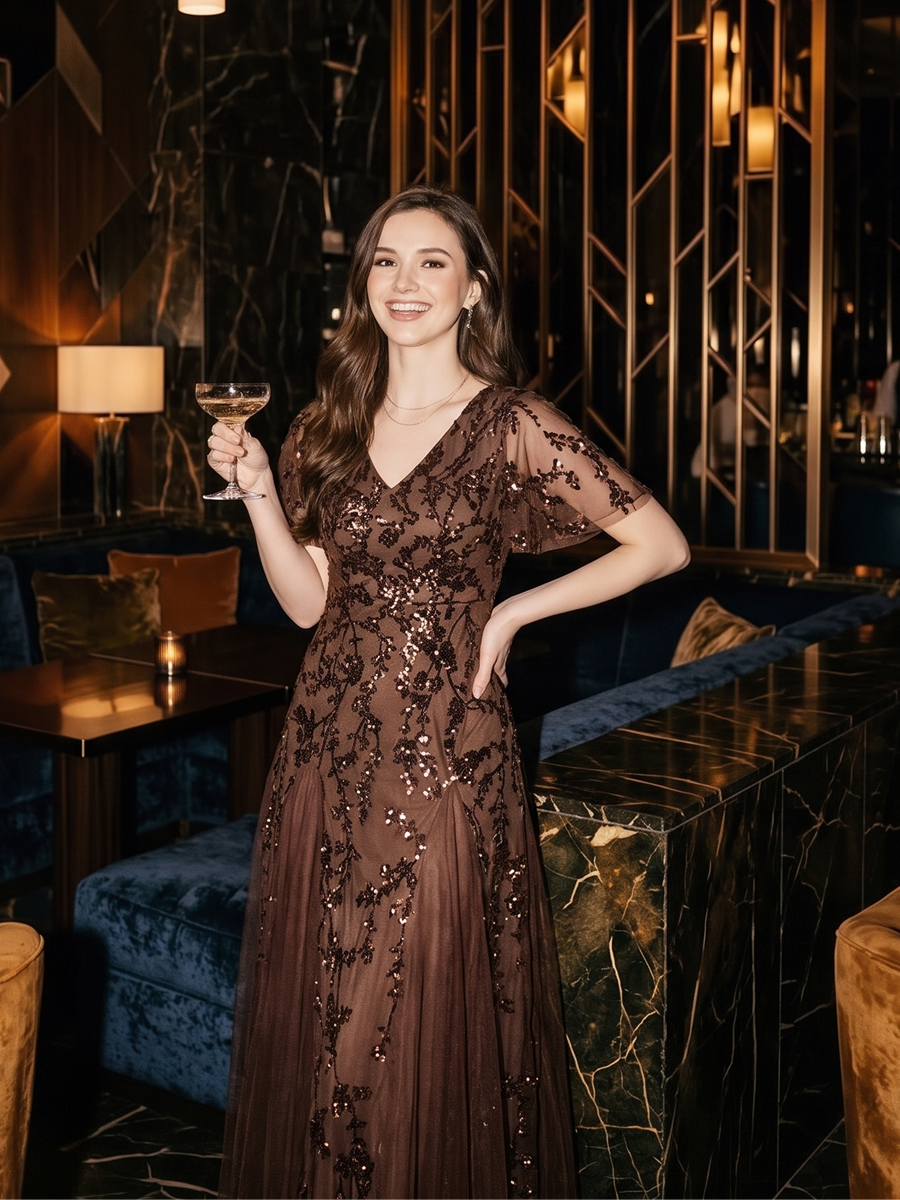 Tiered Tulle Sequins Ruffle Sleeve Evening Dress #color_Chocolate Brown