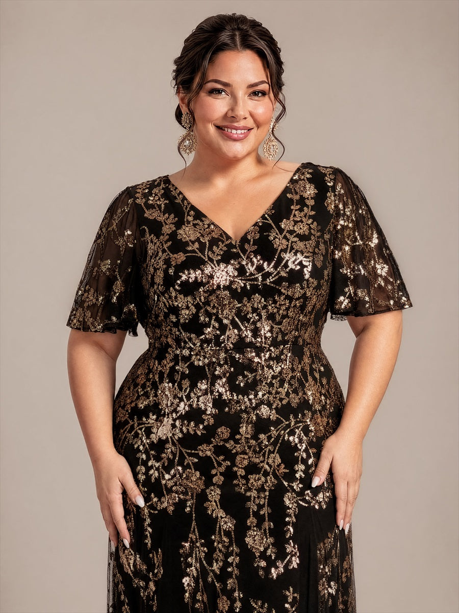 Plus Size Tiered Tulle Sequins Evening Dress #color_Black & Gold