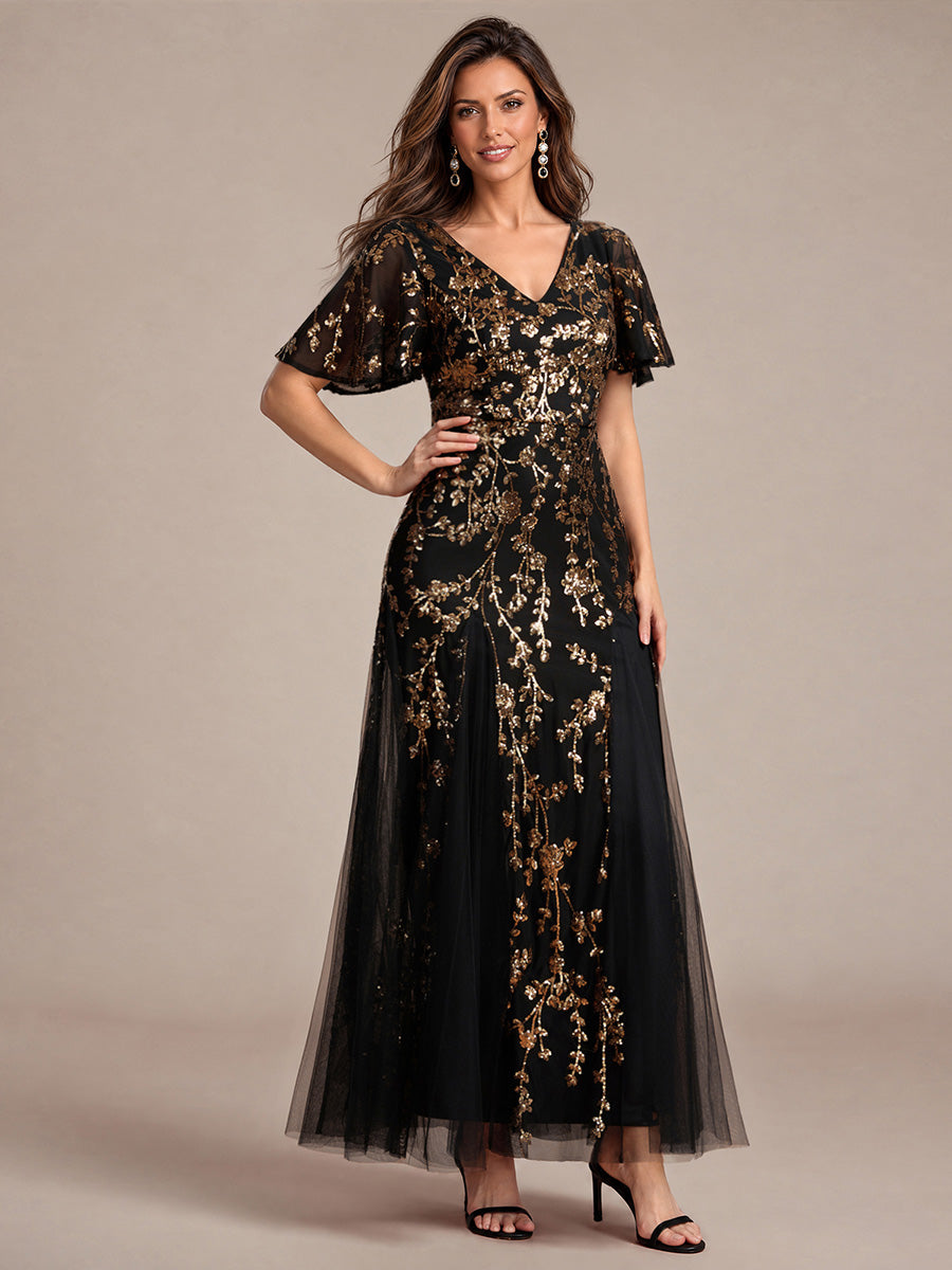 Tiered Tulle Sequins Ruffle Sleeve Evening Dress #color_Black & Gold