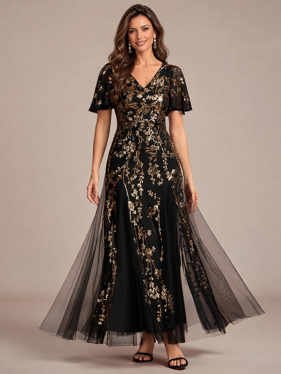 Tiered Tulle Sequins Ruffle Sleeve Evening Dress #color_Black & Gold