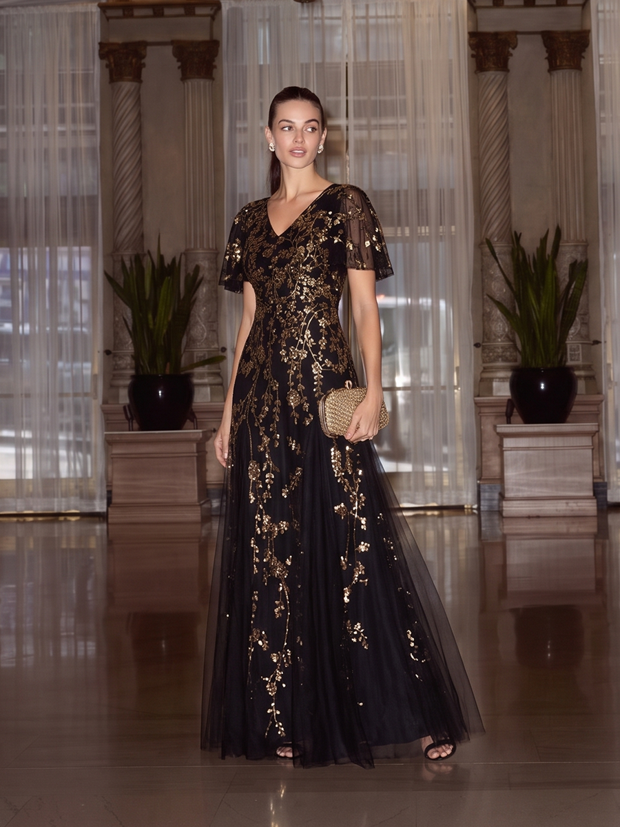 Tiered Tulle Sequins Ruffle Sleeve Evening Dress #color_Black & Gold