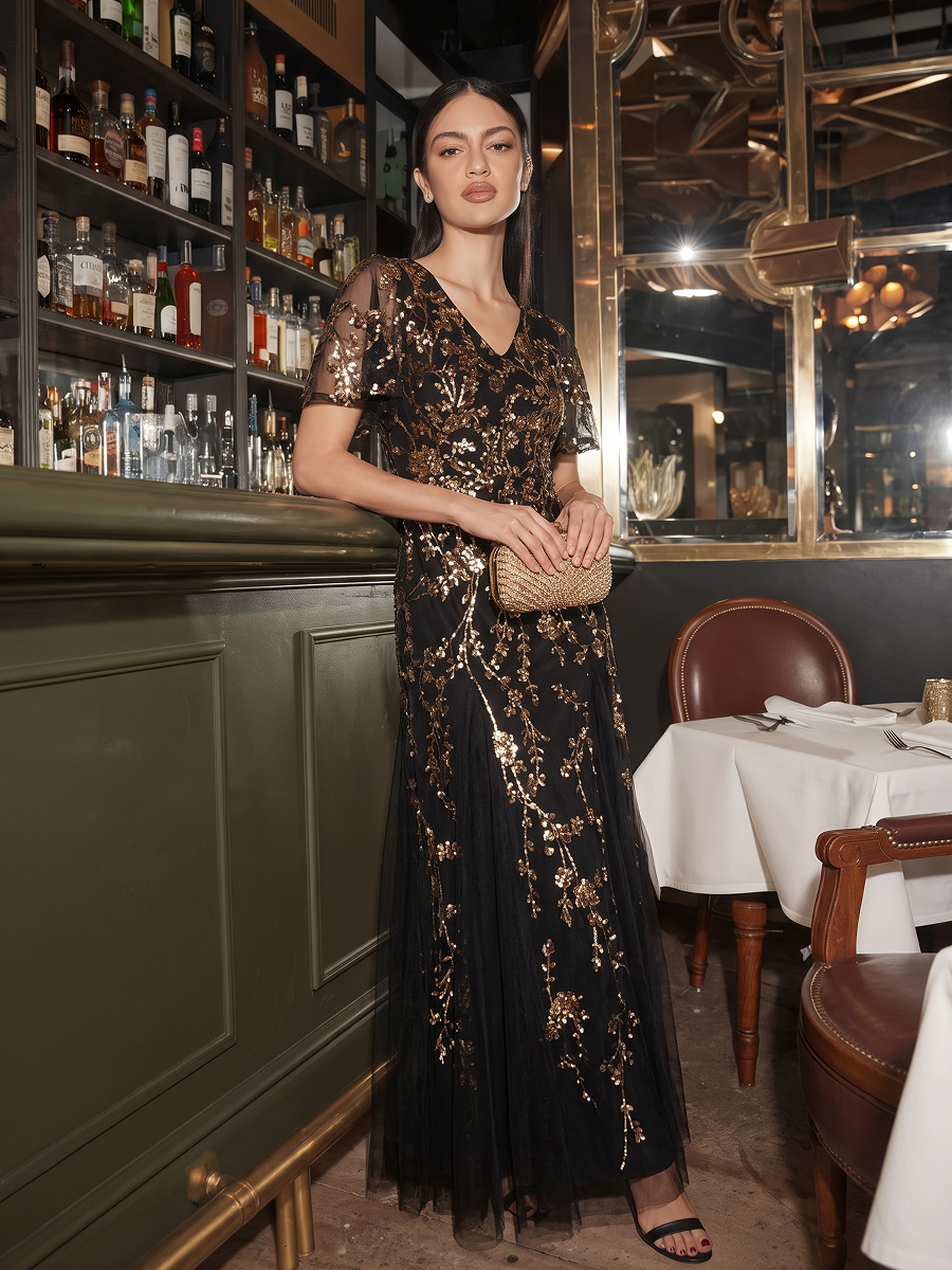 Tiered Tulle Sequins Ruffle Sleeve Evening Dress #color_Black & Gold