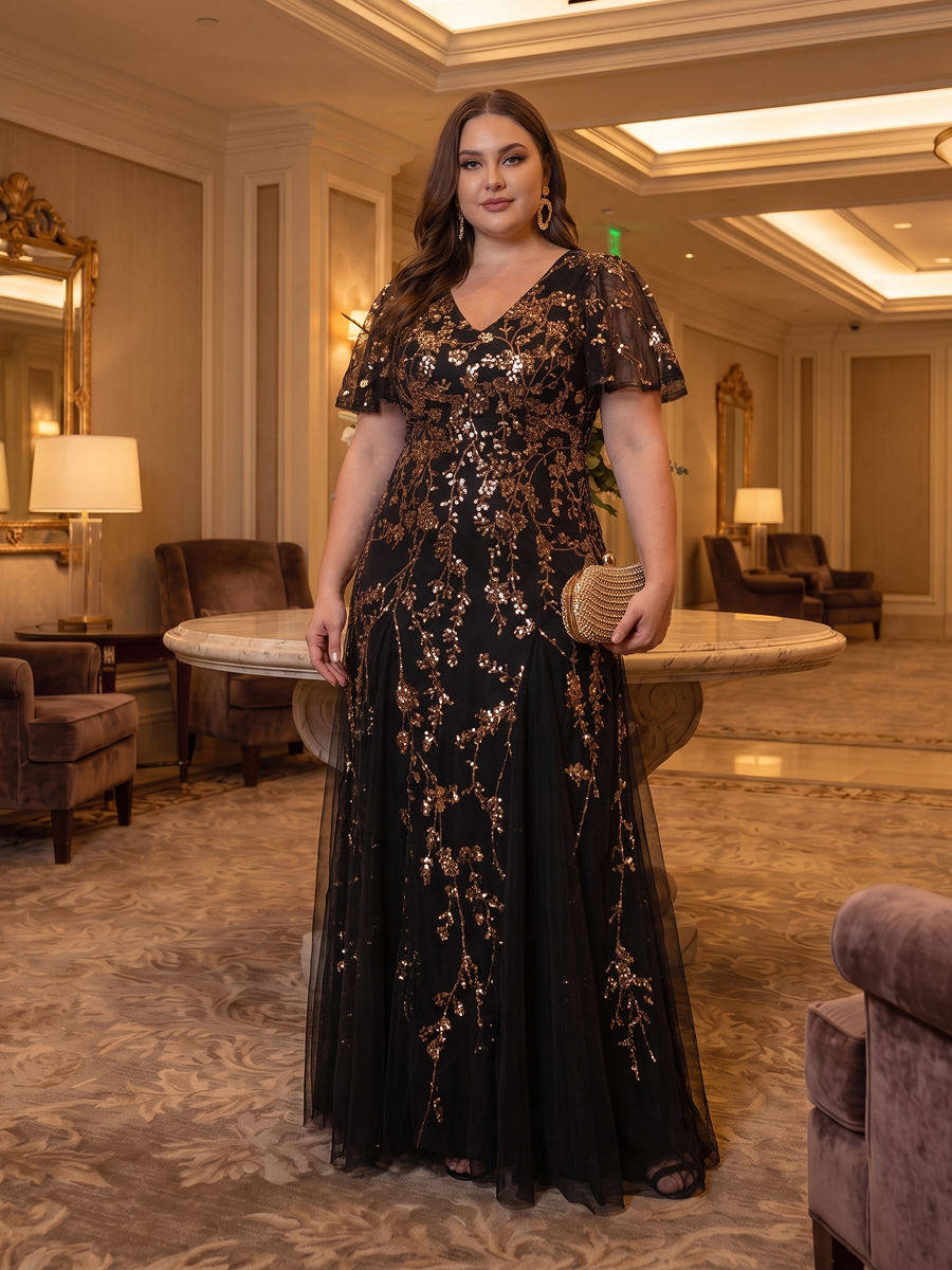 Tiered Tulle Sequins Ruffle Sleeve Evening Dress #color_Black & Gold