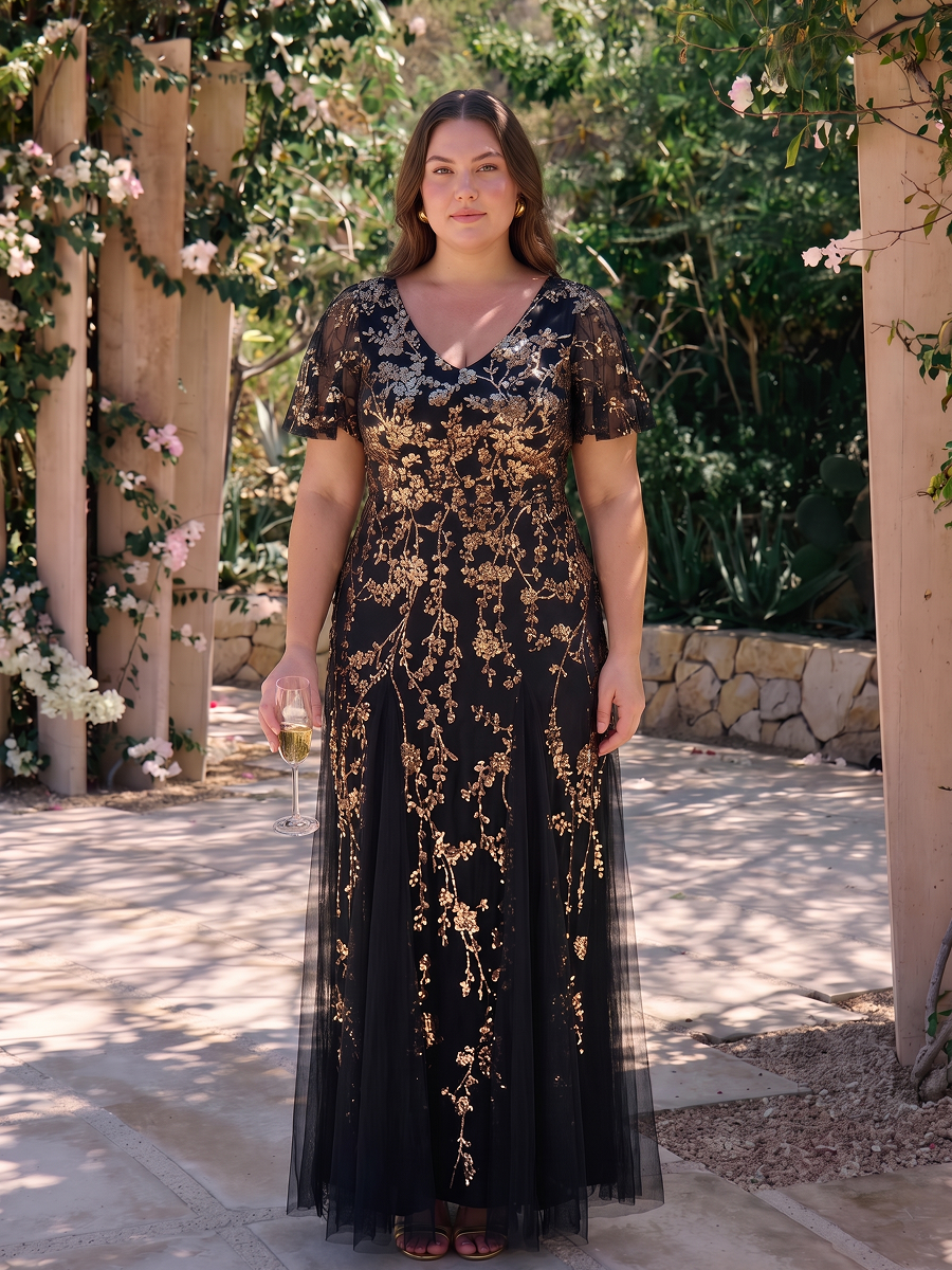 Tiered Tulle Sequins Ruffle Sleeve Evening Dress #color_Black & Gold