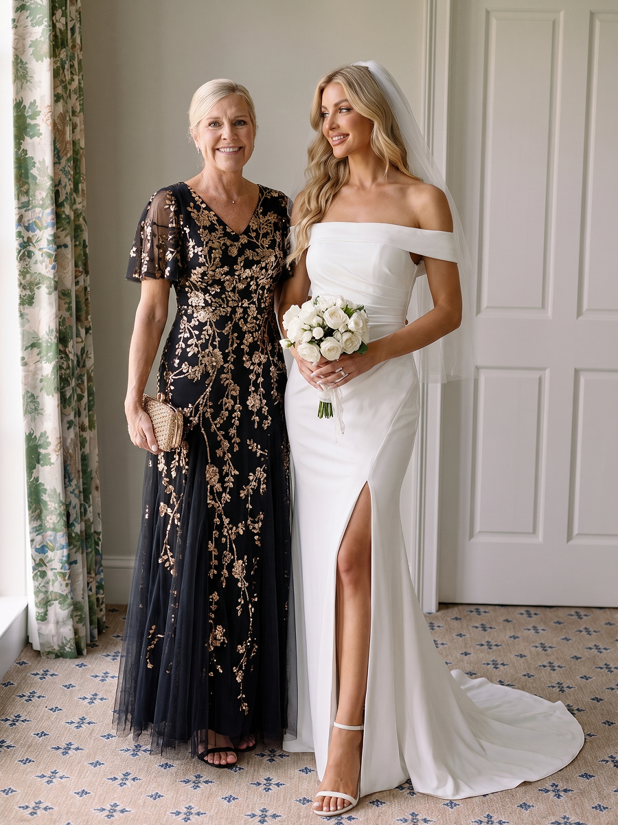 Tiered Tulle Sequins Ruffle Sleeve Evening Dress #color_Black & Gold