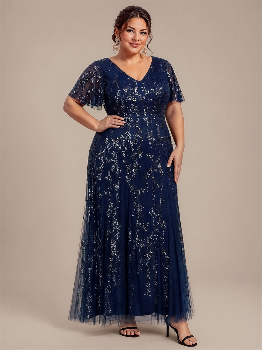 Plus Size Tiered Tulle Sequins Evening Dress #color_Navy Blue